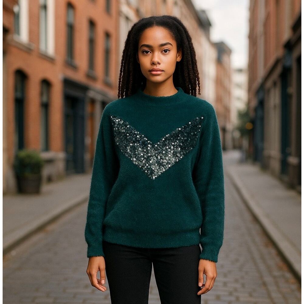 Cara Santana Nine West Emerald Green Sequin Sweater Fuzzy Soft Women’s Sz M